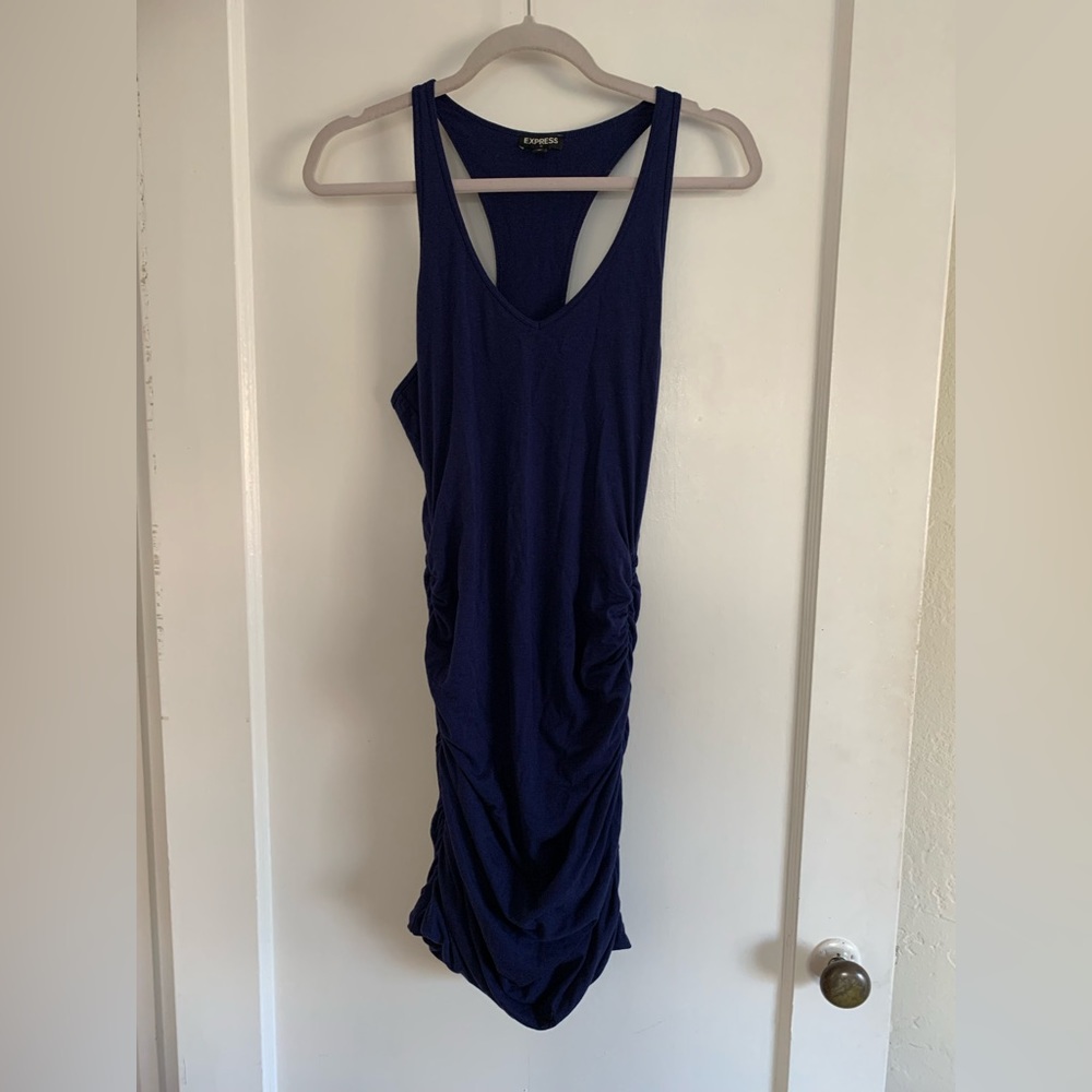 Express v neck sleeveless ruched navy blue dress